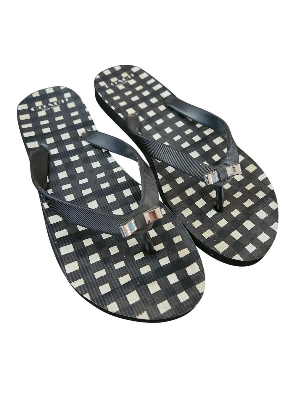 Coach Gingham Bow Black White Flip Flops Size 7